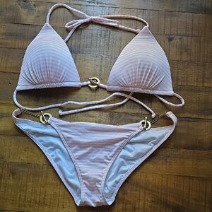 Victoria's Secret Light Pink And White Bikini with Gold Accents Size Medium